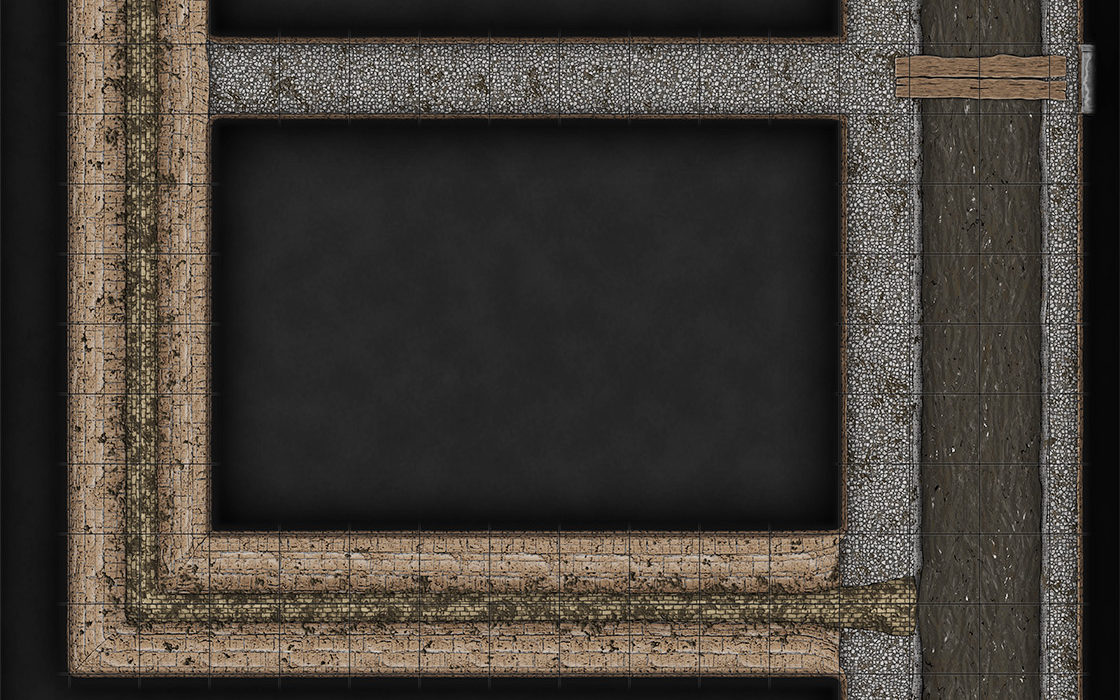 Eine Battlemap zeigt einen Ausschnitt aus der Kanalisation: einen L-förmigen gemauerten Gang, der zu einem Kanal mit Abwasser führt.